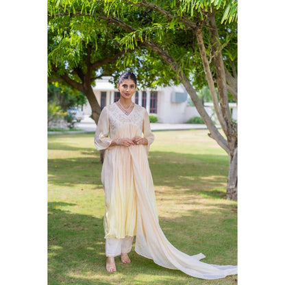 MINSH Citrine Ombre Beige Anarkali Kurta With Pant And Dupatta (Set of 3)