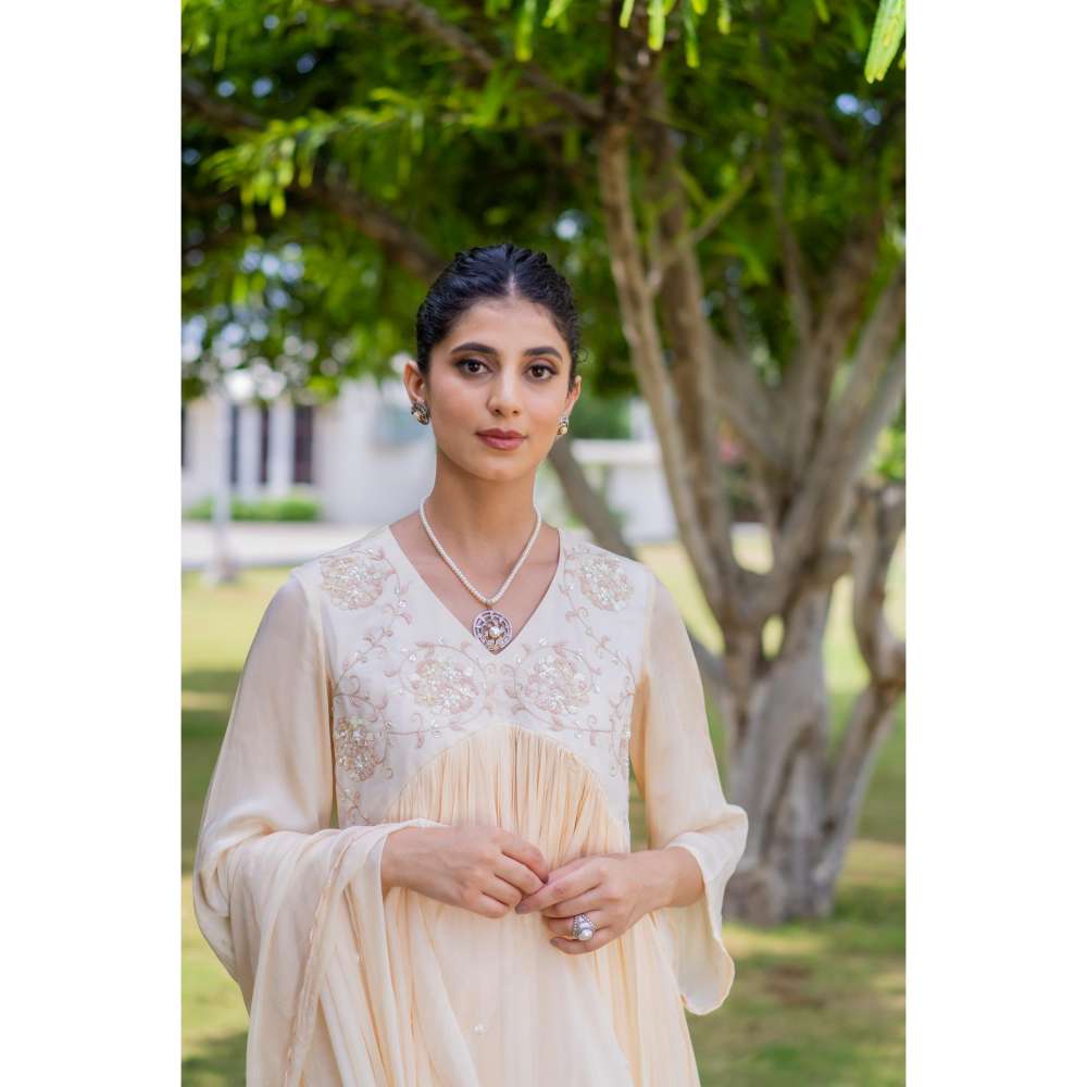 MINSH Citrine Ombre Beige Anarkali Kurta With Pant And Dupatta (Set of 3)