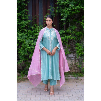 MINSH Peony Blue Kurta With Pant And Dupatta (Set of 3)