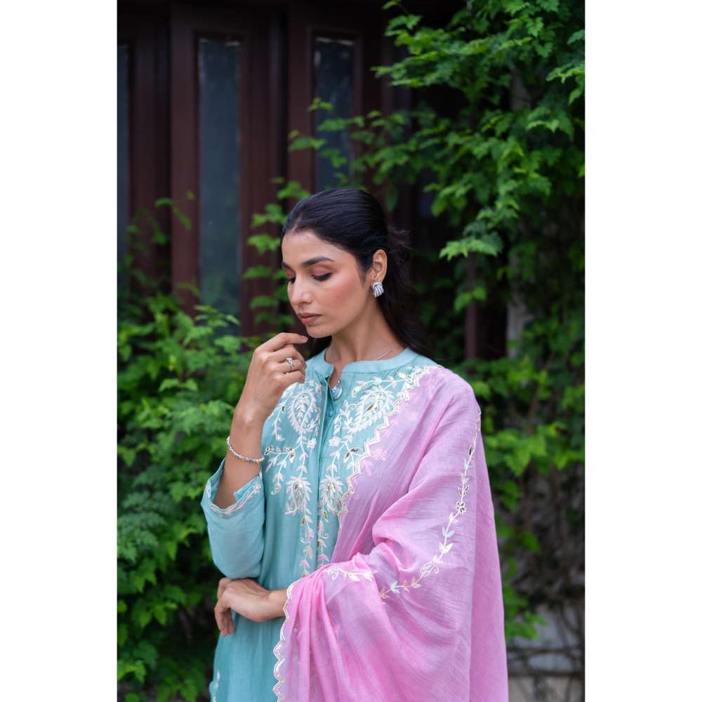 MINSH Peony Blue Kurta With Pant And Dupatta (Set of 3)