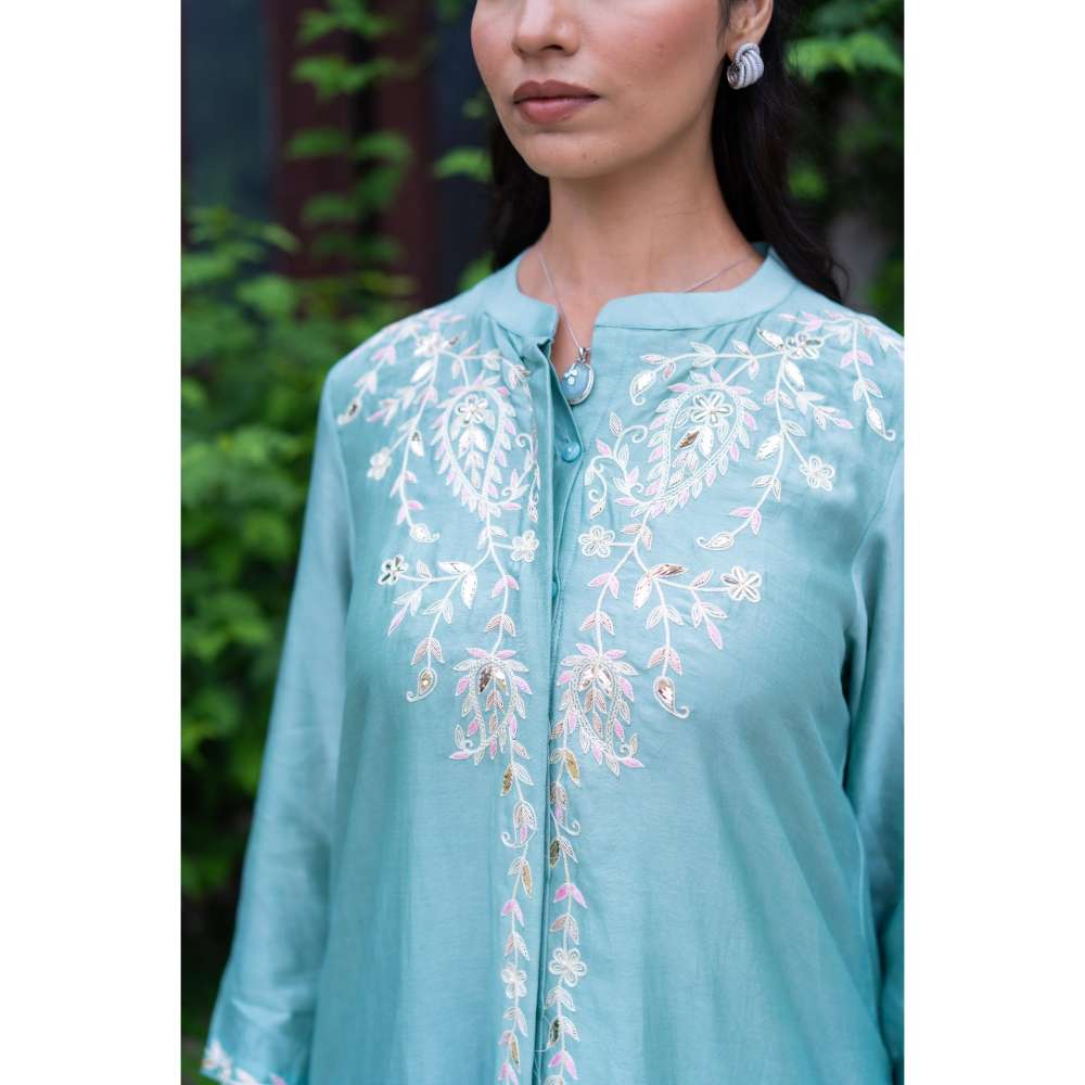 MINSH Peony Blue Kurta With Pant And Dupatta (Set of 3)