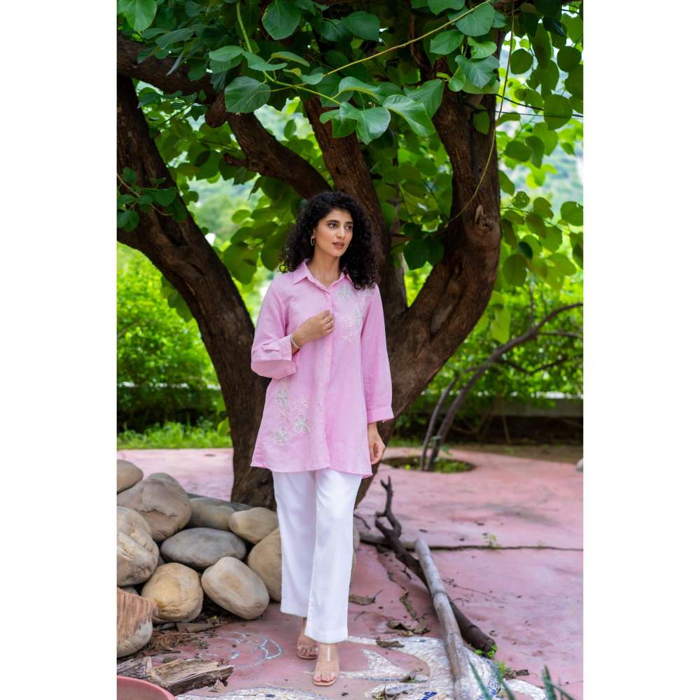 MINSH Pink Bliss Shirt Style Kurti With Pant (Set of 2)