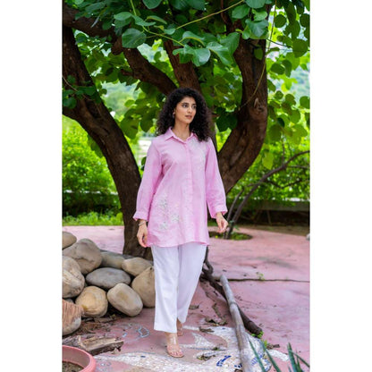 MINSH Pink Bliss Shirt Style Kurti With Pant (Set of 2)