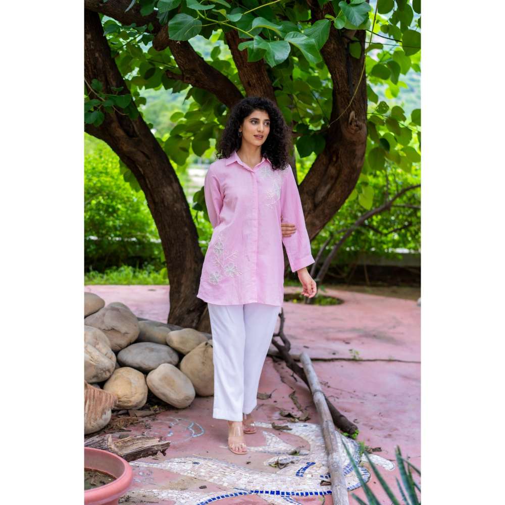 MINSH Pink Bliss Shirt Style Kurti With Pant (Set of 2)