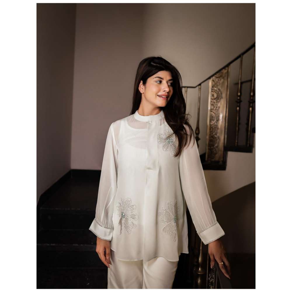 MINSH Pearl Petal Embroidered White Shirt