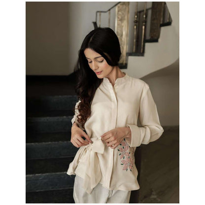 MINSH Blush Beige Side-Tie Floral Shirt