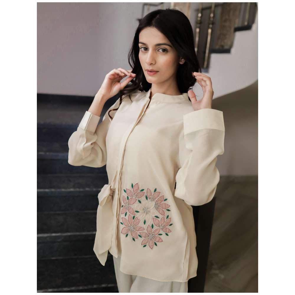 MINSH Blush Beige Side-Tie Floral Shirt
