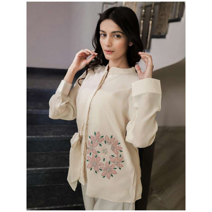 MINSH Blush Beige Side-Tie Floral Shirt