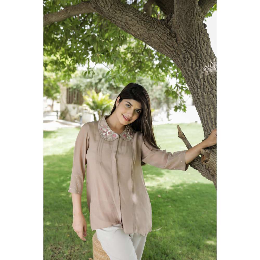 MINSH Tan Grace Embroidered Collar Top