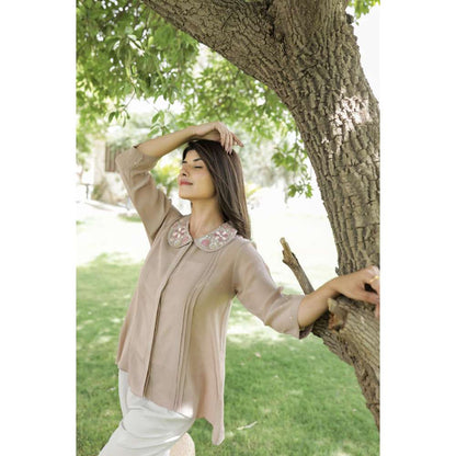 MINSH Tan Grace Embroidered Collar Top