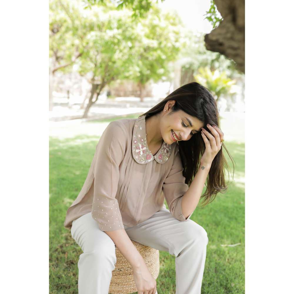 MINSH Tan Grace Embroidered Collar Top