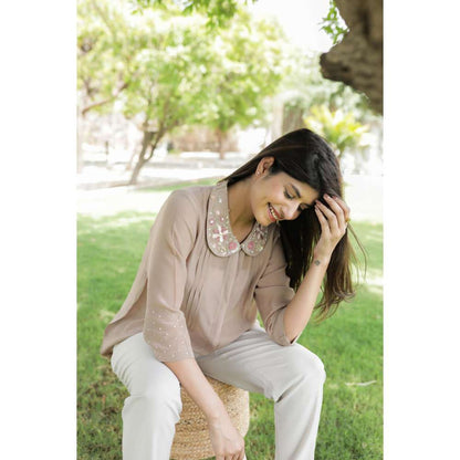 MINSH Tan Grace Embroidered Collar Top