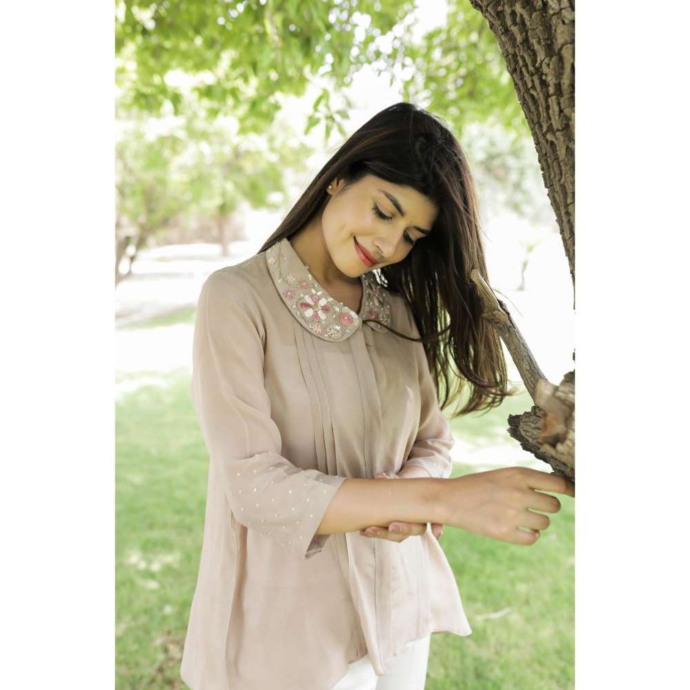 MINSH Tan Grace Embroidered Collar Top