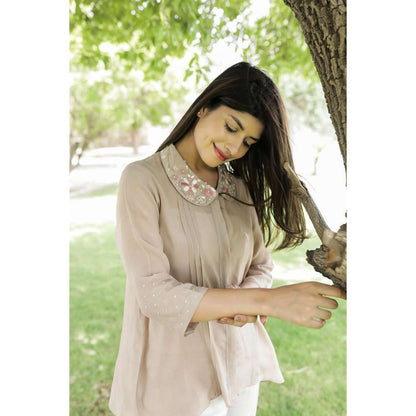 MINSH Tan Grace Embroidered Collar Top