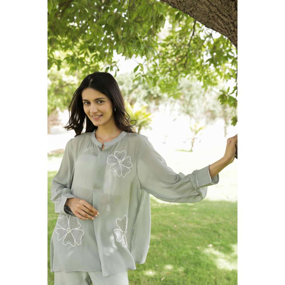 MINSH Silver Dust Embroidered Round Neck Green Shirt