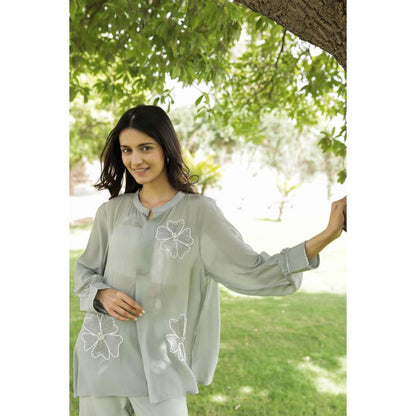 MINSH Silver Dust Embroidered Round Neck Green Shirt