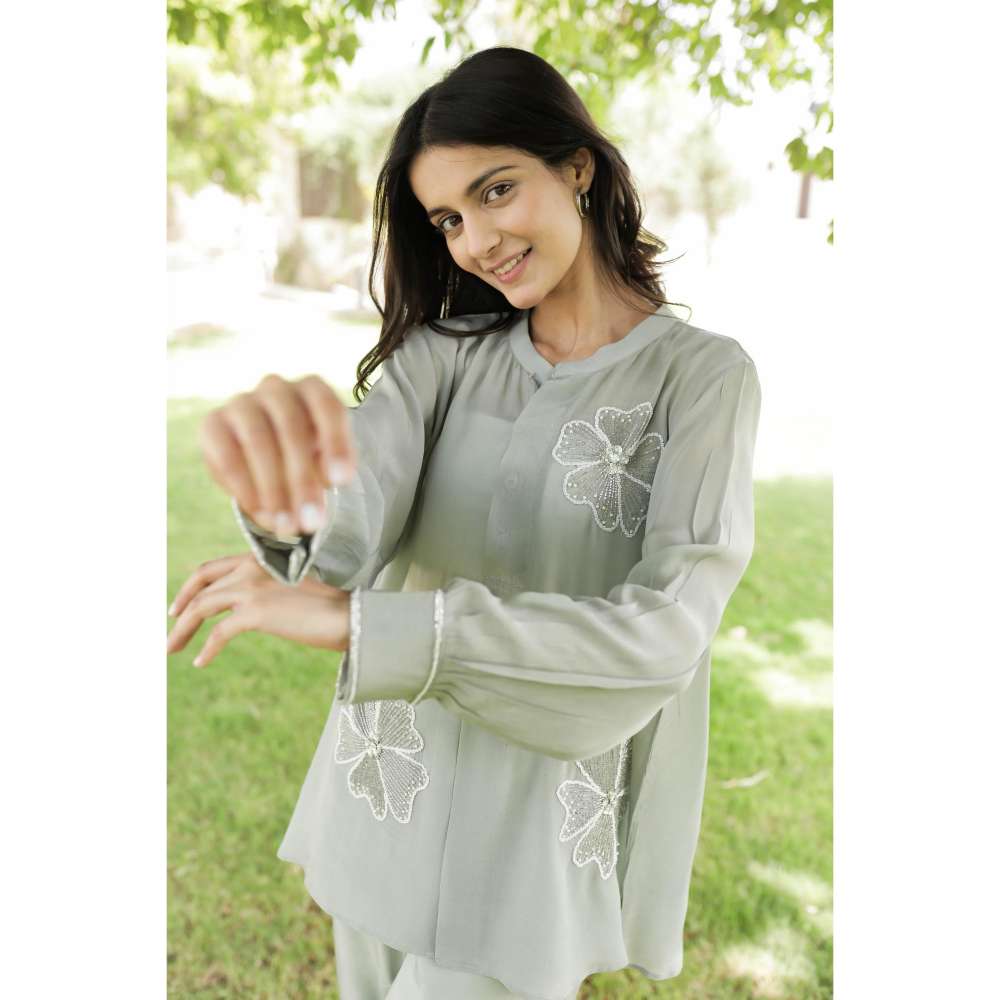 MINSH Silver Dust Embroidered Round Neck Green Shirt