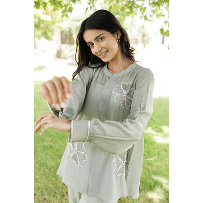 MINSH Silver Dust Embroidered Round Neck Green Shirt