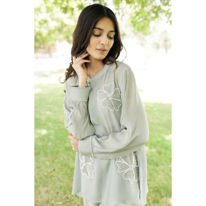MINSH Silver Dust Embroidered Round Neck Green Shirt