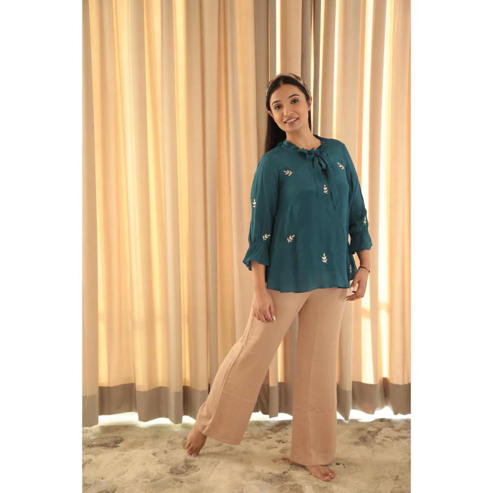 MINSH Midnight Bloom Embroidered Teal Top