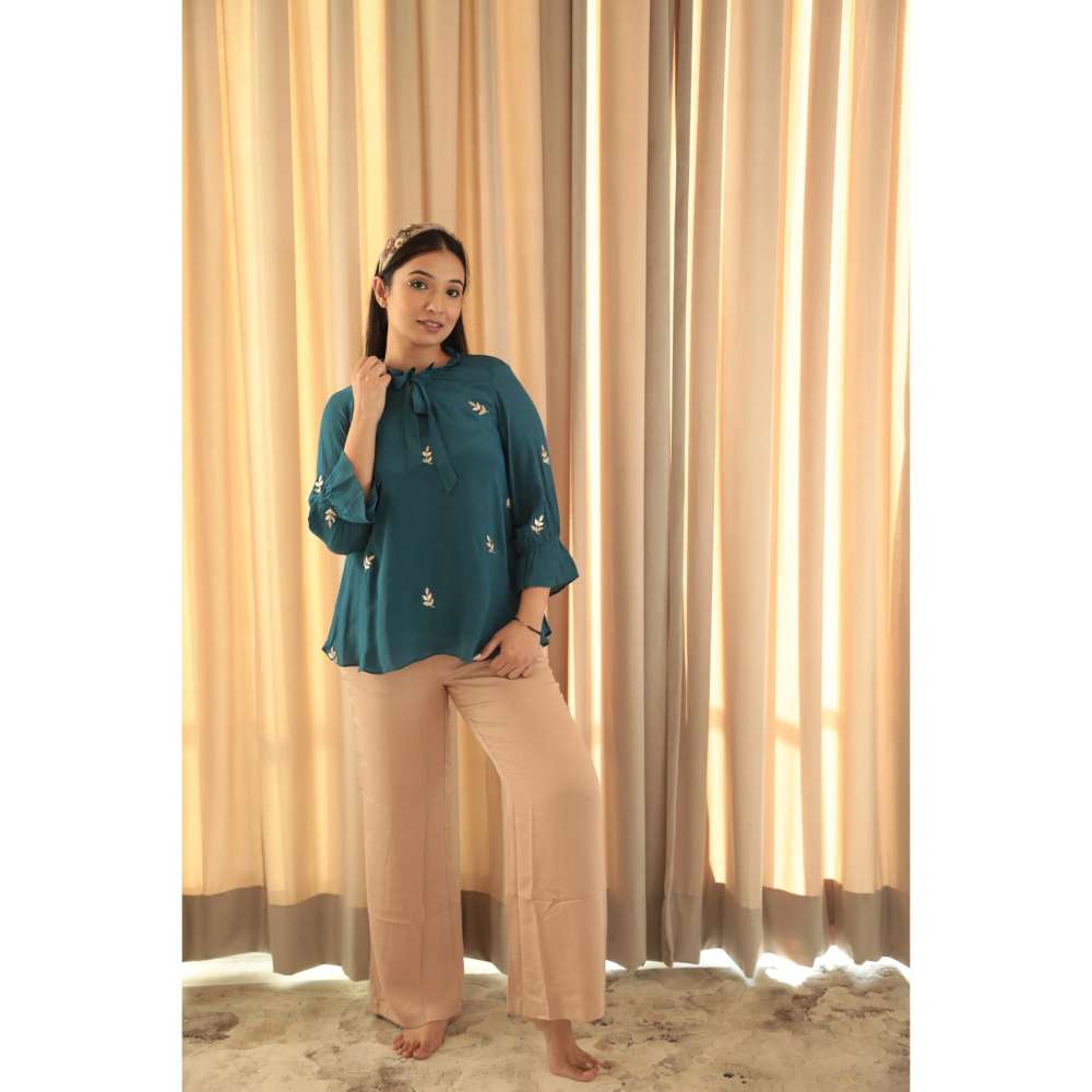 MINSH Midnight Bloom Embroidered Teal Top