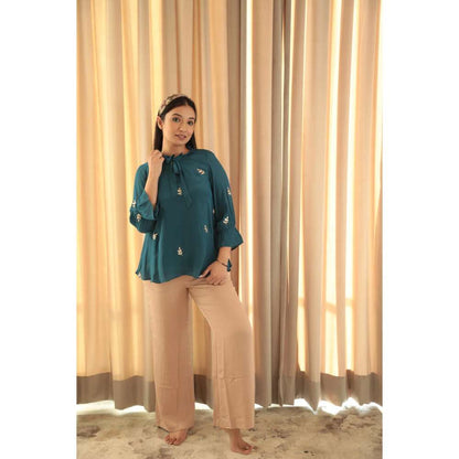 MINSH Midnight Bloom Embroidered Teal Top