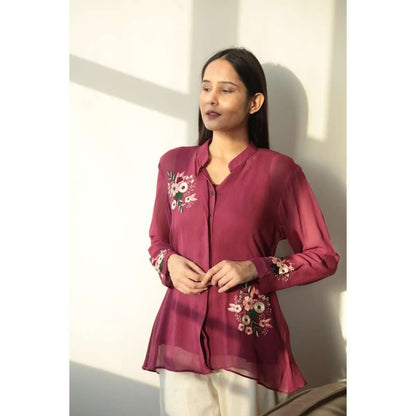 MINSH Crimson Bloom Embroidered Burgundy Shirt