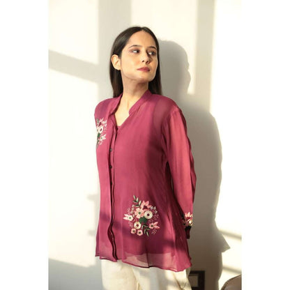 MINSH Crimson Bloom Embroidered Burgundy Shirt