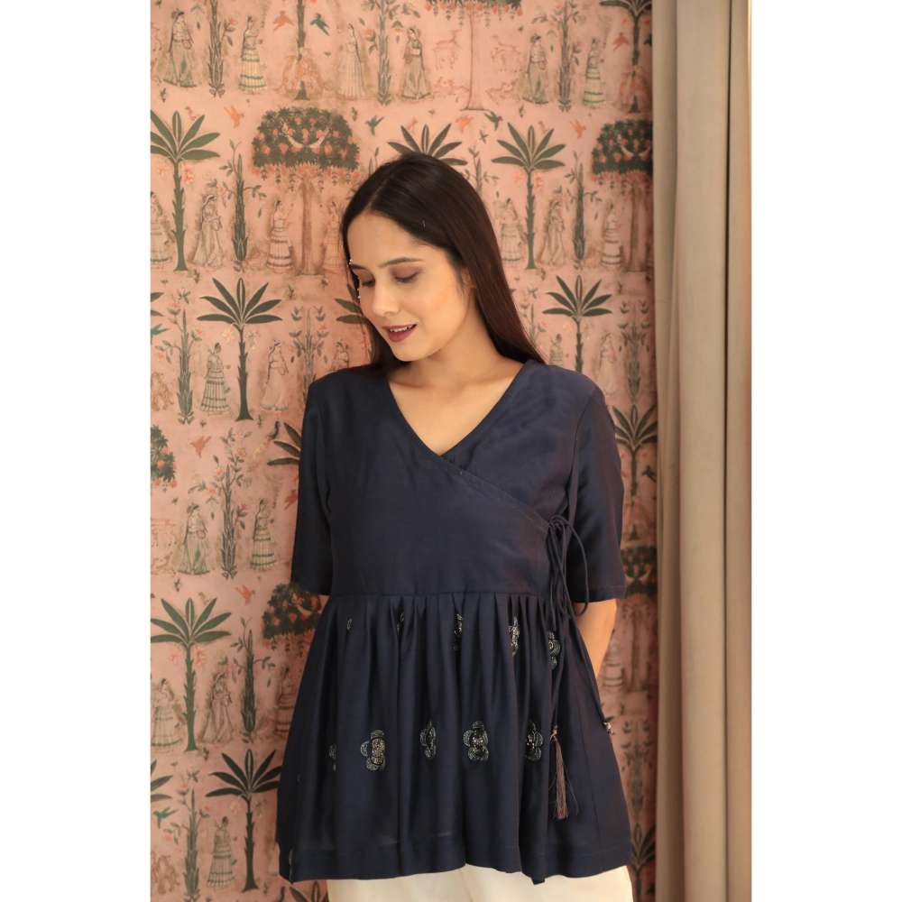 MINSH Orchid Elegance Embroidered Navy Blue Top