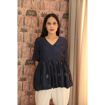 MINSH Orchid Elegance Embroidered Navy Blue Top