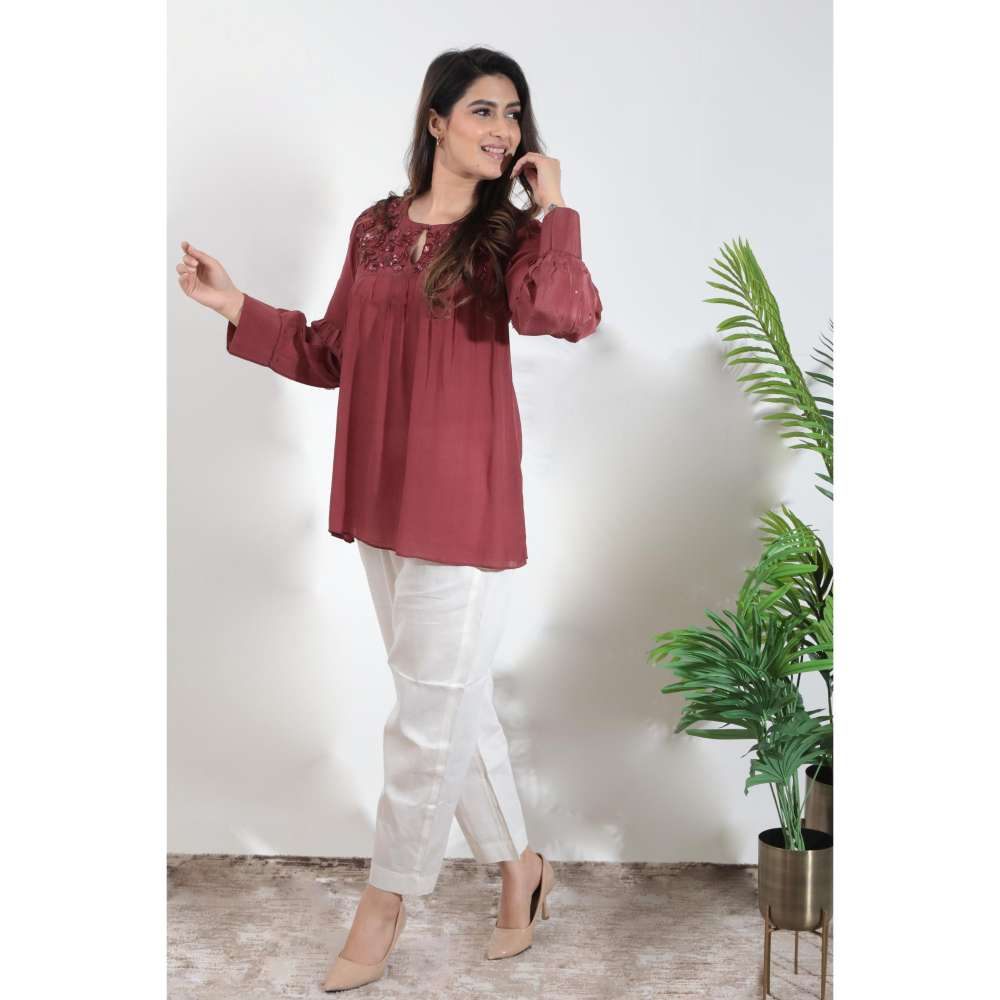 MINSH Crimson Aura Embroidered Round Neck Maroon Top