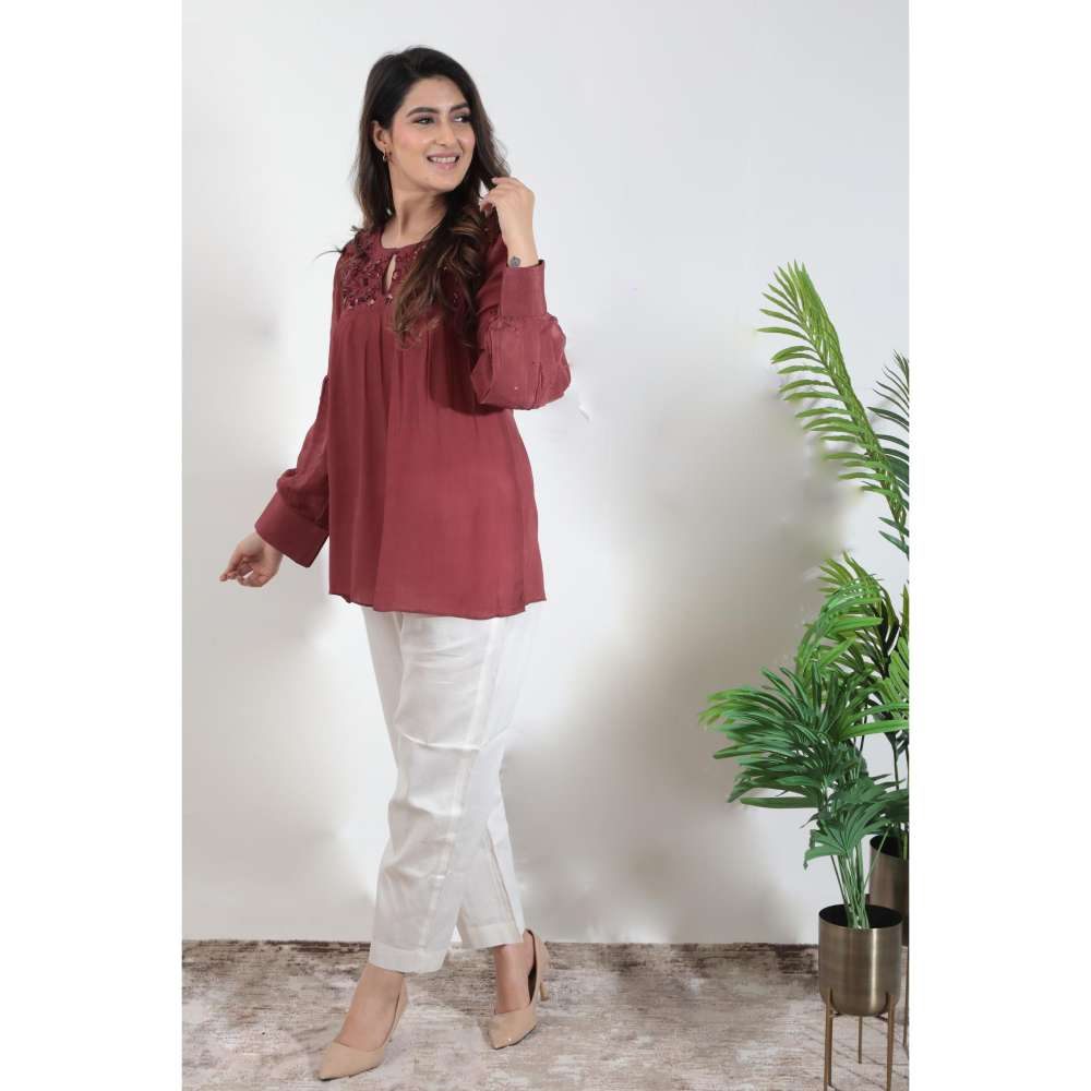 MINSH Crimson Aura Embroidered Round Neck Maroon Top