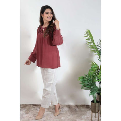 MINSH Crimson Aura Embroidered Round Neck Maroon Top