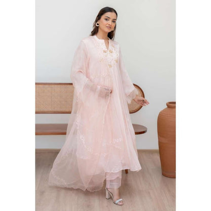 MINSH Pink Soft Meadow Anarkali with Pant and Dupatta