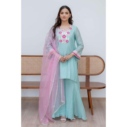 MINSH Aqua Florals Kurti with Palazzo and Dupatta