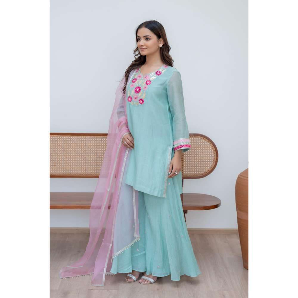 MINSH Aqua Florals Kurti with Palazzo and Dupatta