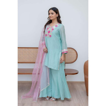 MINSH Aqua Florals Kurti with Palazzo and Dupatta