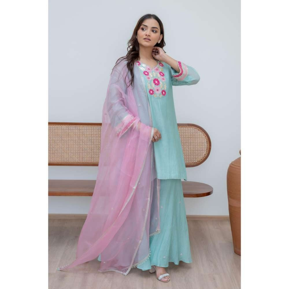 MINSH Aqua Florals Kurti with Palazzo and Dupatta