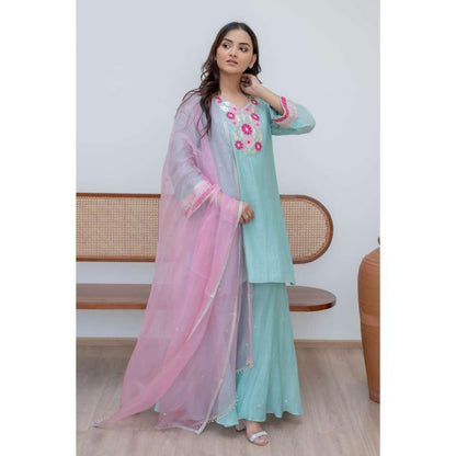 MINSH Aqua Florals Kurti with Palazzo and Dupatta