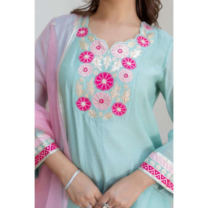 MINSH Aqua Florals Kurti with Palazzo and Dupatta