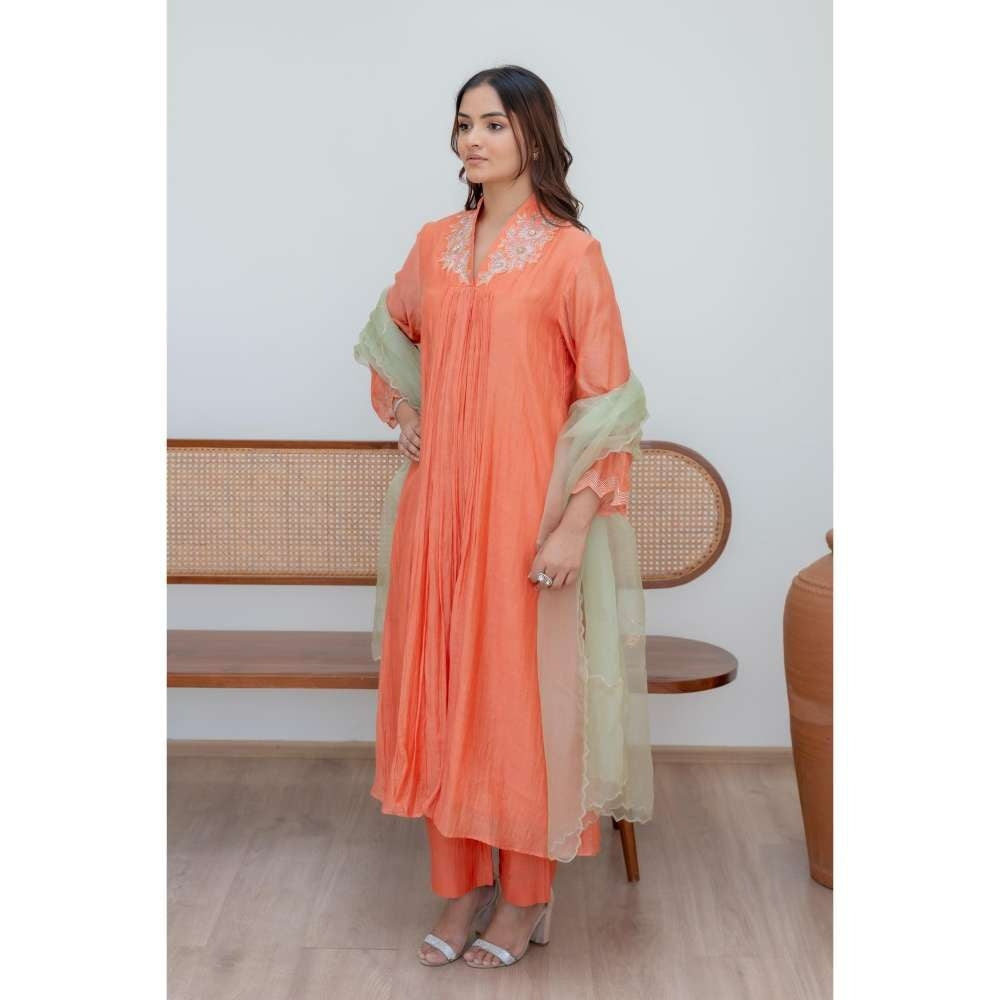 MINSH Orange Fern Anarkali with Pant and Dupatta