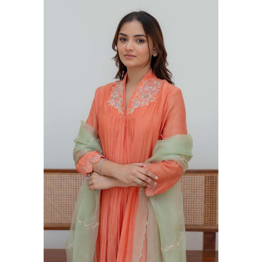 MINSH Orange Fern Anarkali with Pant and Dupatta