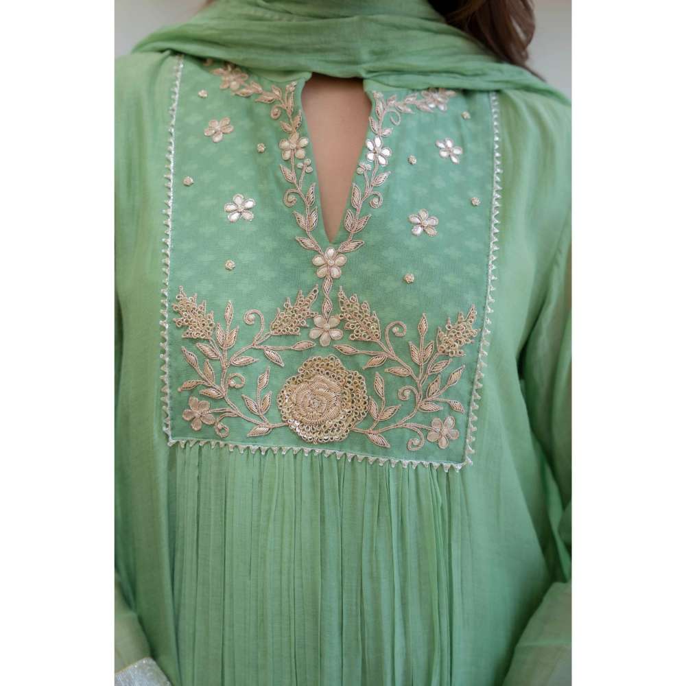 MINSH Green Ember Leaf Anarkali with Pant and Dupatta