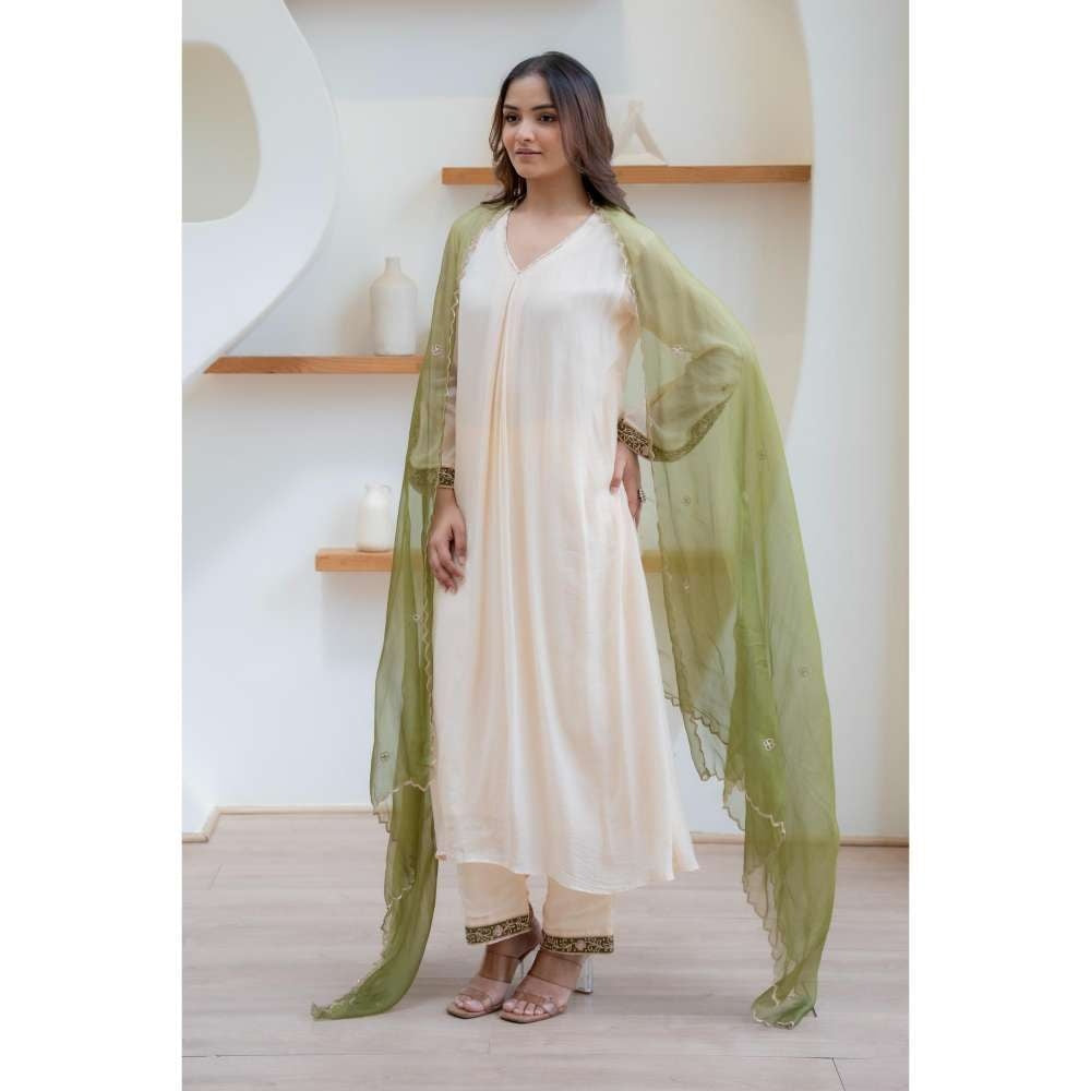 MINSH Cream Blaze Anarkali with Pant and Dupatta