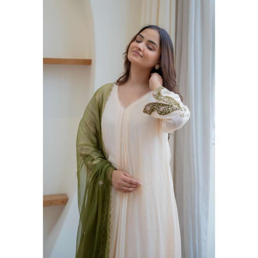 MINSH Cream Blaze Anarkali with Pant and Dupatta