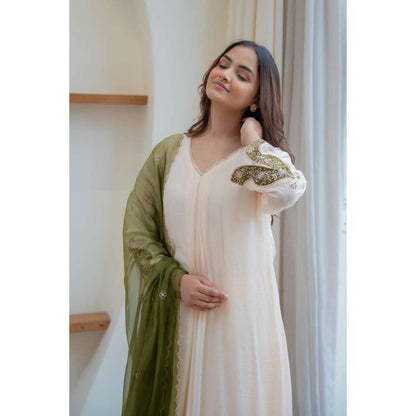 MINSH Cream Blaze Anarkali with Pant and Dupatta