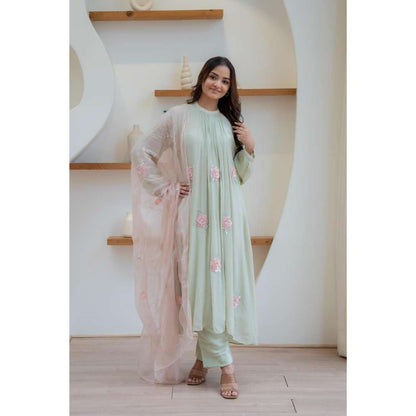 MINSH Green Ash Bloom Anarkali with Pant and Dupatta