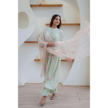 MINSH Green Ash Bloom Anarkali with Pant and Dupatta