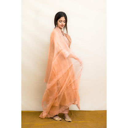 MITHI SUPARI Peach Parijat Anarkali Kurta with Pant and Dupatta (Set of 3)
