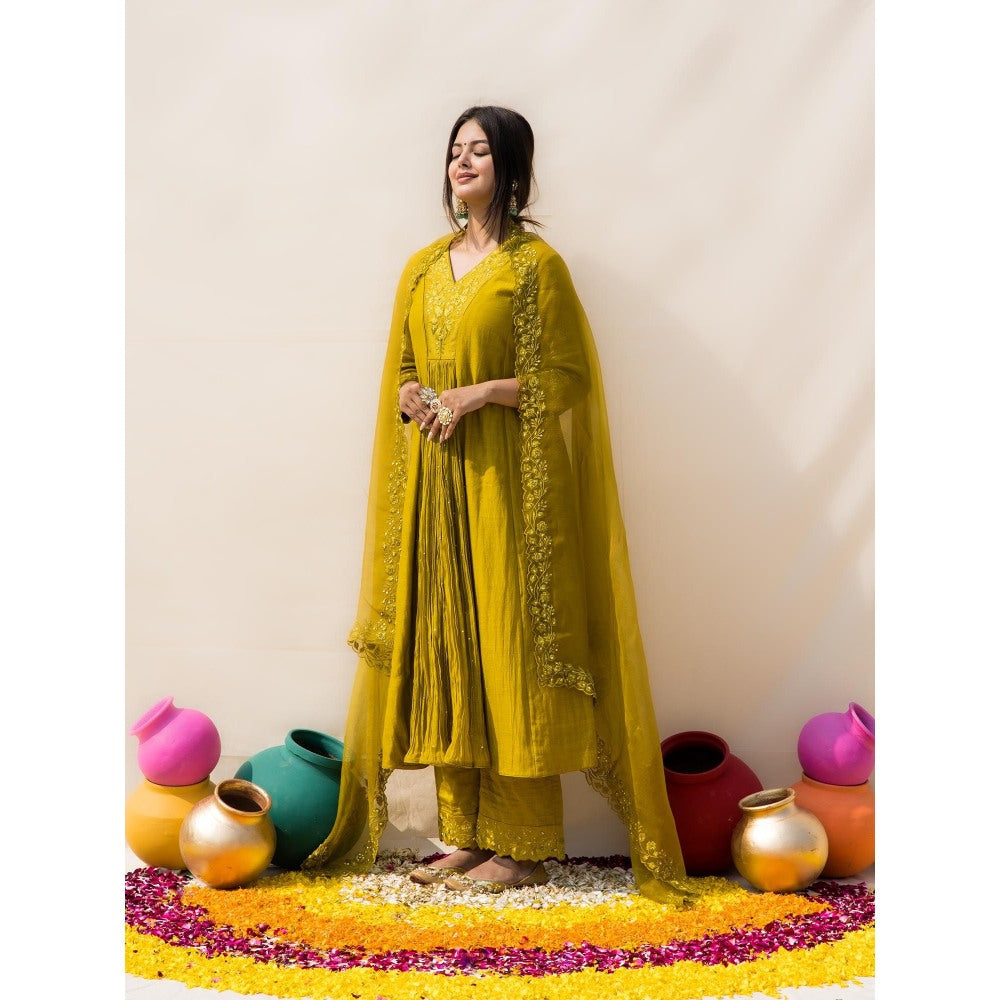 MITHI SUPARI Lime Parijat Anarkali Kurta with Pant and Dupatta (Set of 3)